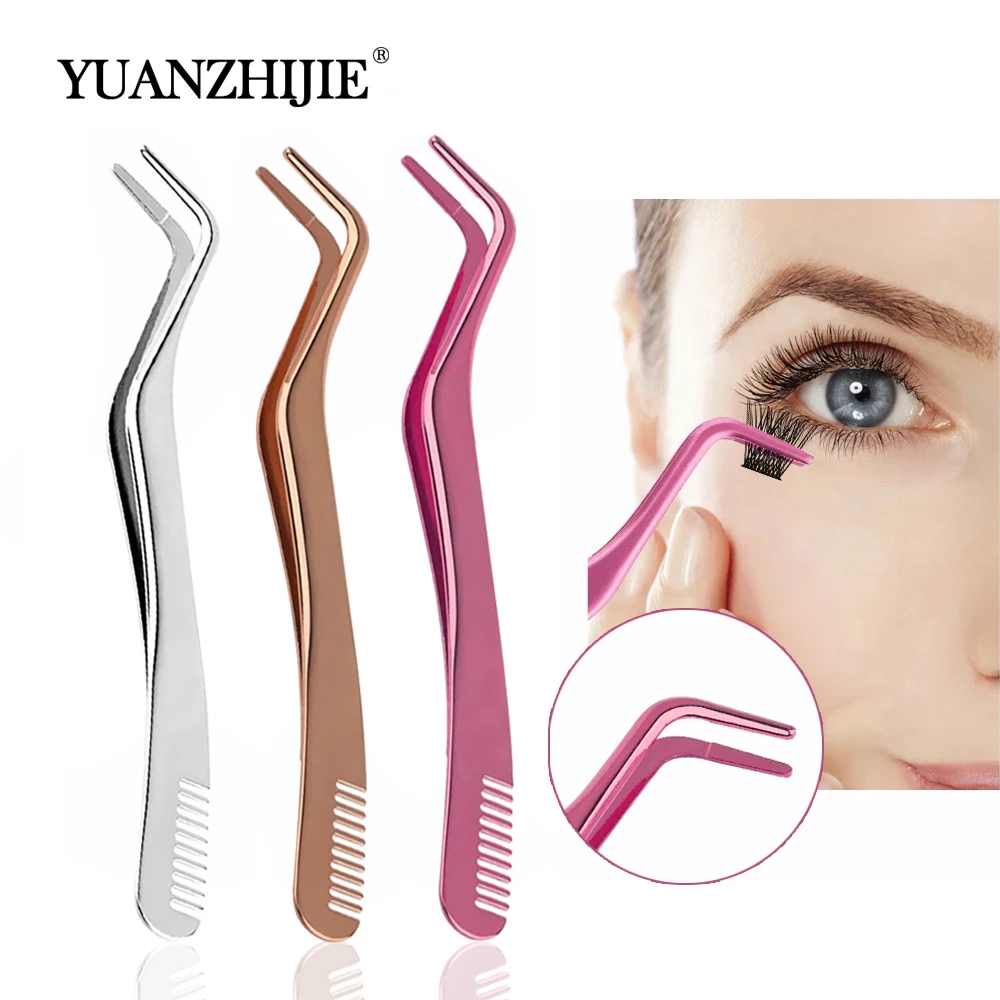 Hot Sale YUANZHIJIE Pink Silver Rose Gold Colored Stainless Steel DIY Eyelashes Tweezers Lashes Eyebrow Brush Tweezer With Comb