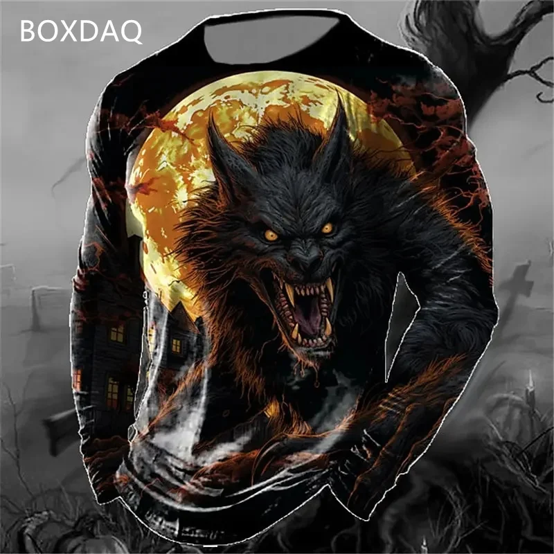 Wolf T-Shirts For Men\'s Long Sleeve 3d Print Animal Street Hip Hop T Shirt Spring Autumn O-Neck Loose Casual Tops Plus Size 6XL