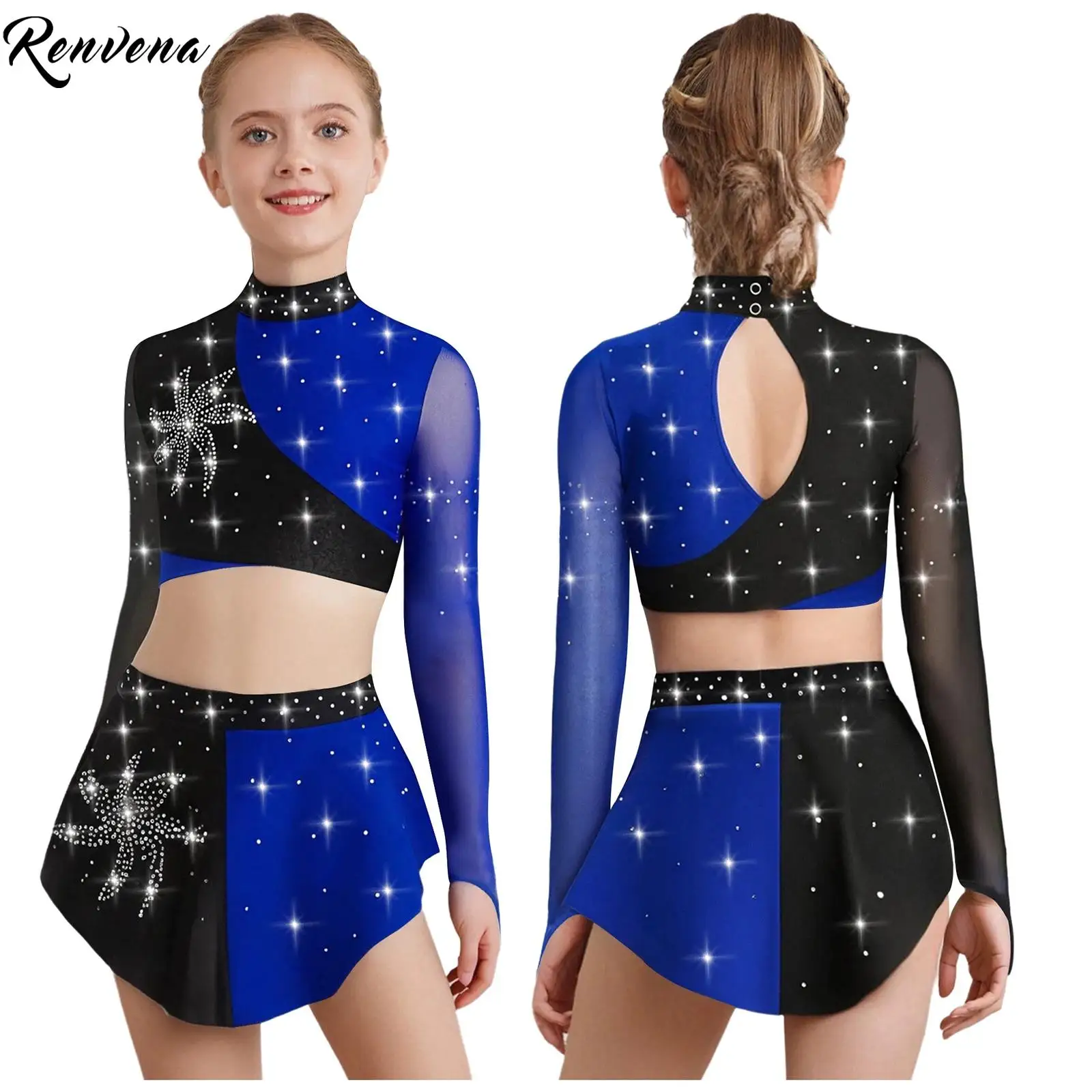 Ballet Gymnastics Sets Figure Skating Dance Performance Outfit for Kids Girls Sheer Mesh Long Sleeve Keyhole Back Crop Top Skirt