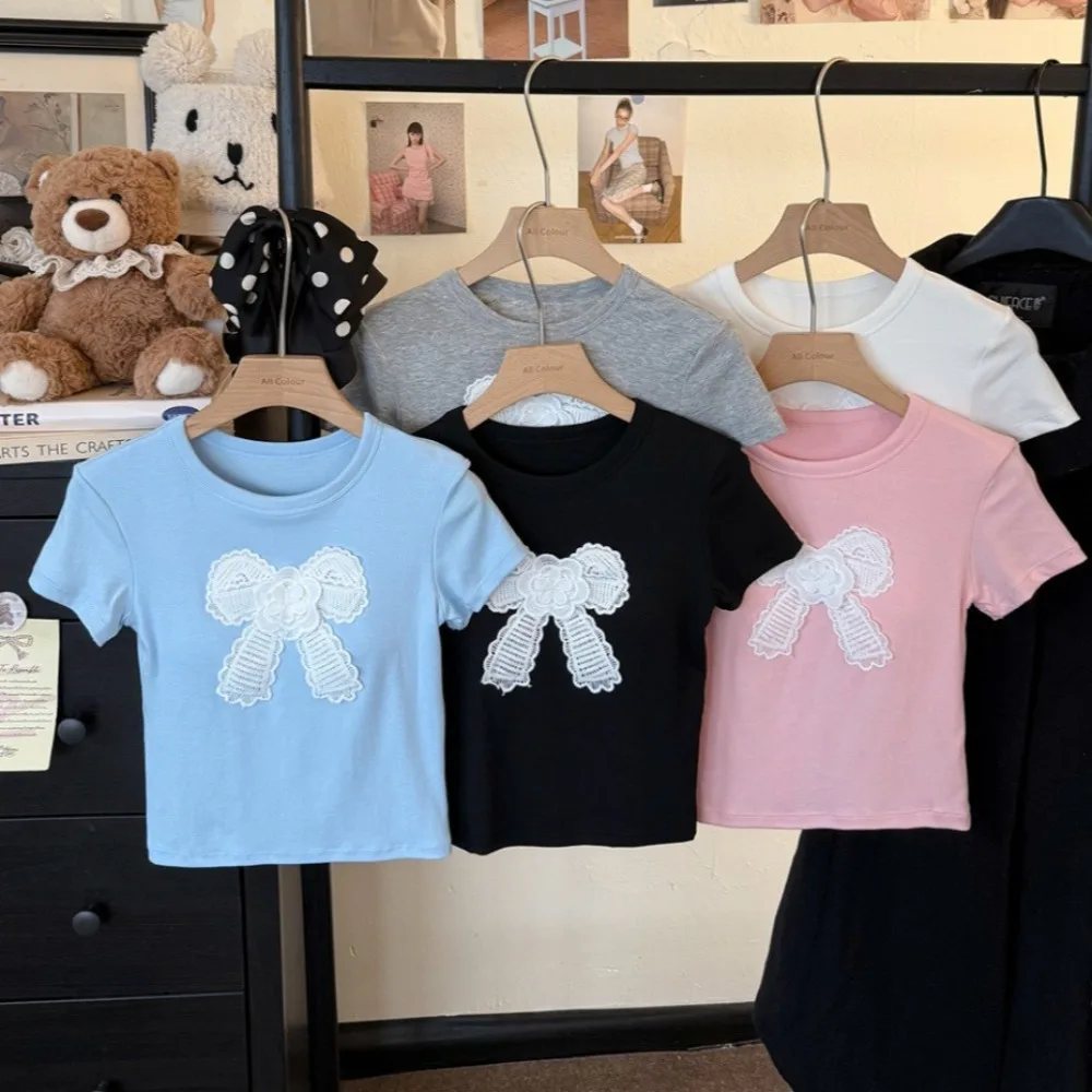 

Fashion Cotton Korean Bow T-shirts Bowknot Embroidered Y2K Crop Tops Undershirt Korean Style Short Shoulder Tops Women