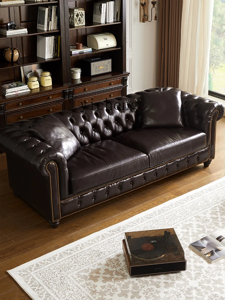 YFY  sofa American retro full leather buckle sofa first layer cowhide living room 123 combination