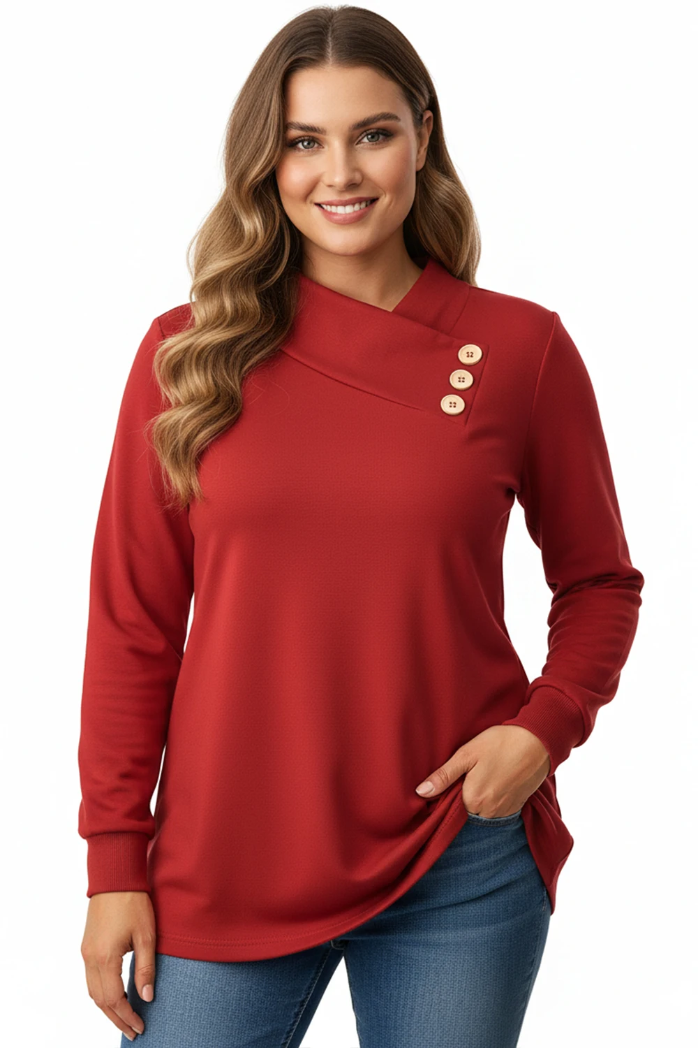 Flycurvy Plus Size Christmas Red Asymmetrical Buttons Crossover Neckline Blouse