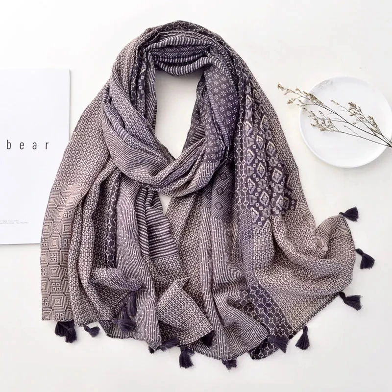 

2022 Newest Women Vintage Geometry Printed Scarf Cotton Voile Scarf Shawls