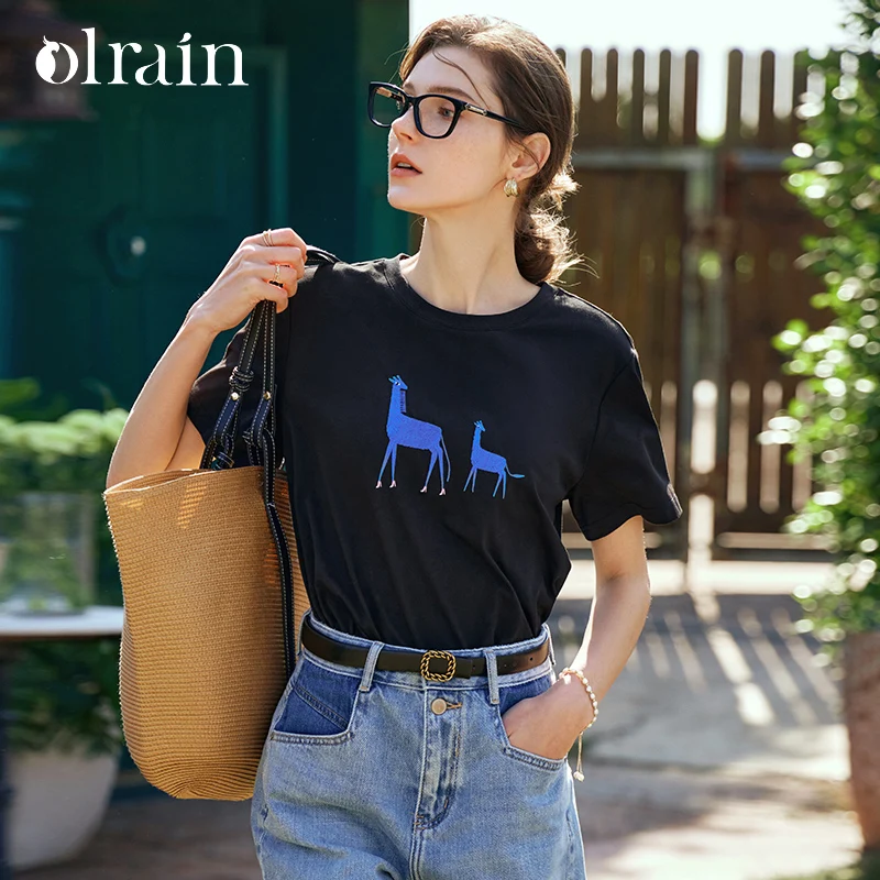 

OLrain черная футболка с коротким рукавом женская весна лето 2025 новый хлопковый вязаный свободный повседневный топ с вышивкой и круглым вырезом O24XT81668