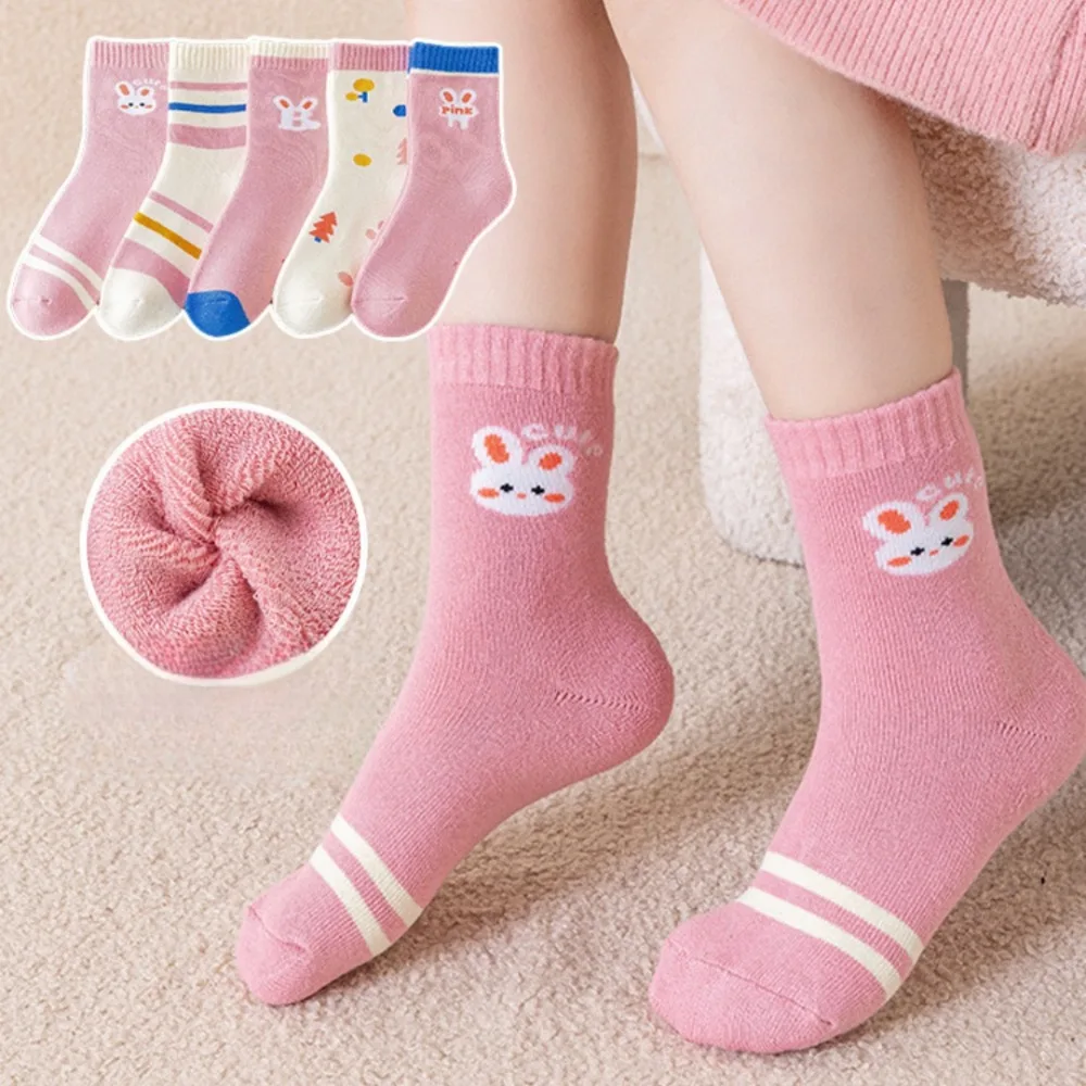 

5 пар осенне-зимних детских носков, повседневные спортивные носки с милым кроликом и медведем, хлопковая утепленная теплая детская спортивная одежда для улицы