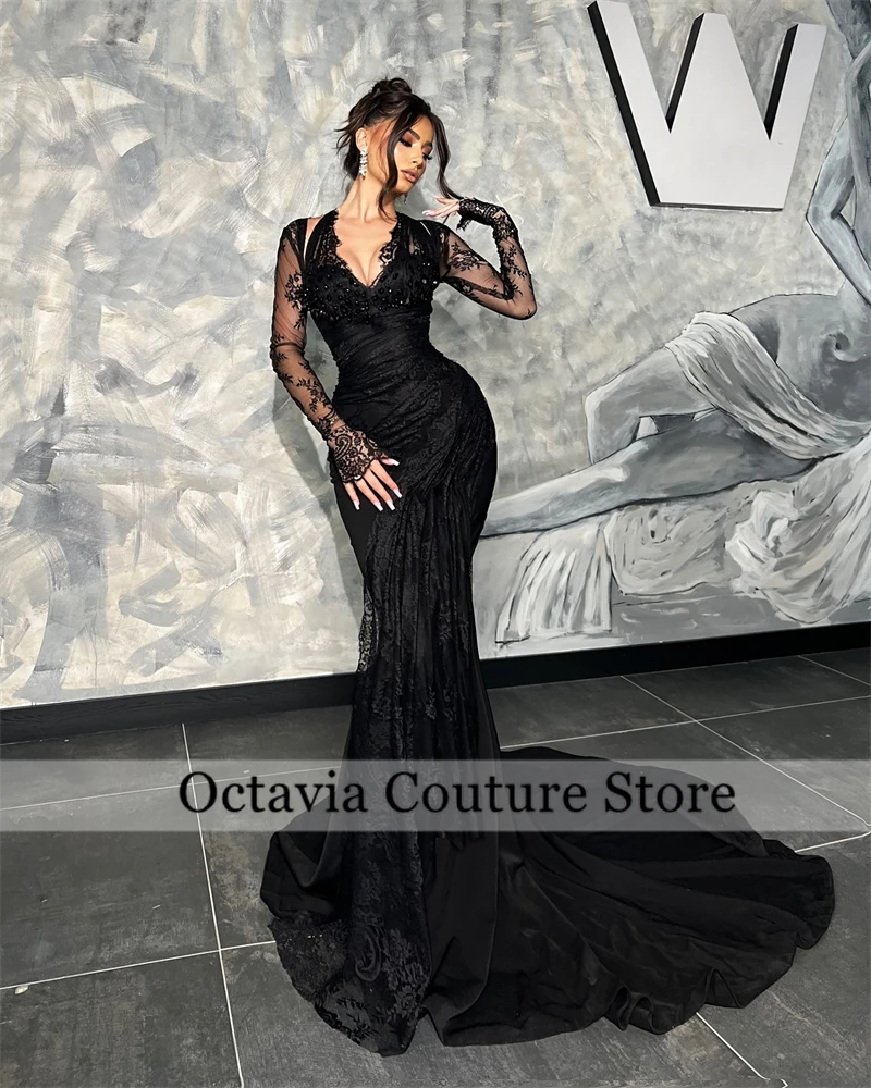 

Black V Neck Long Prom Dresses For Black Girls Bead 2024 Birthday Luxury Dress Lace Graduation Gown With Full Sleeve Customized