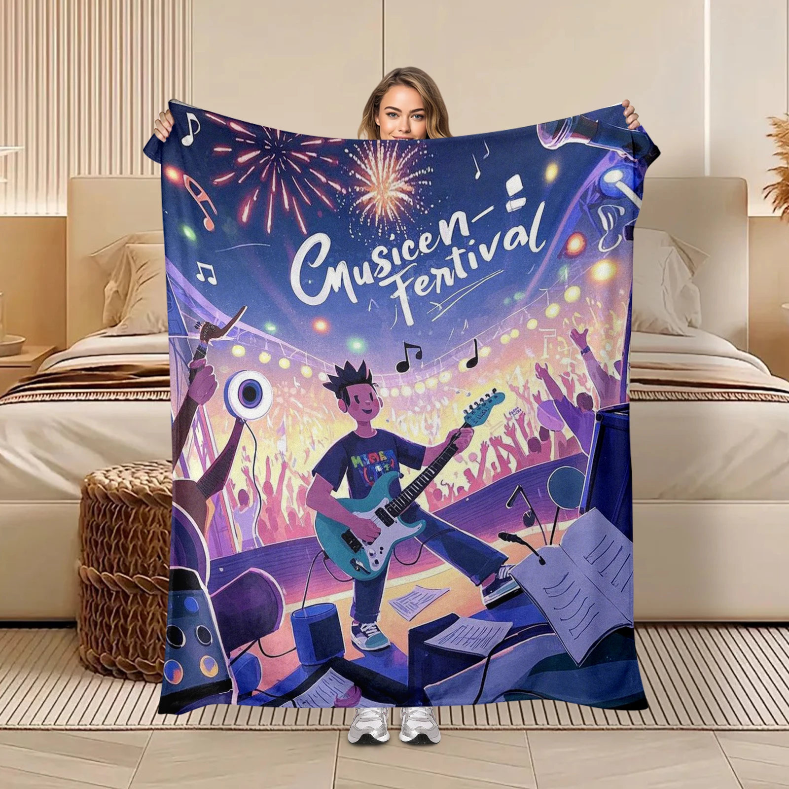 

Perfect Gift For Music Festivals Cartoon Character With Guitar Blanket Brings Joy And Comfort To Loved Ones