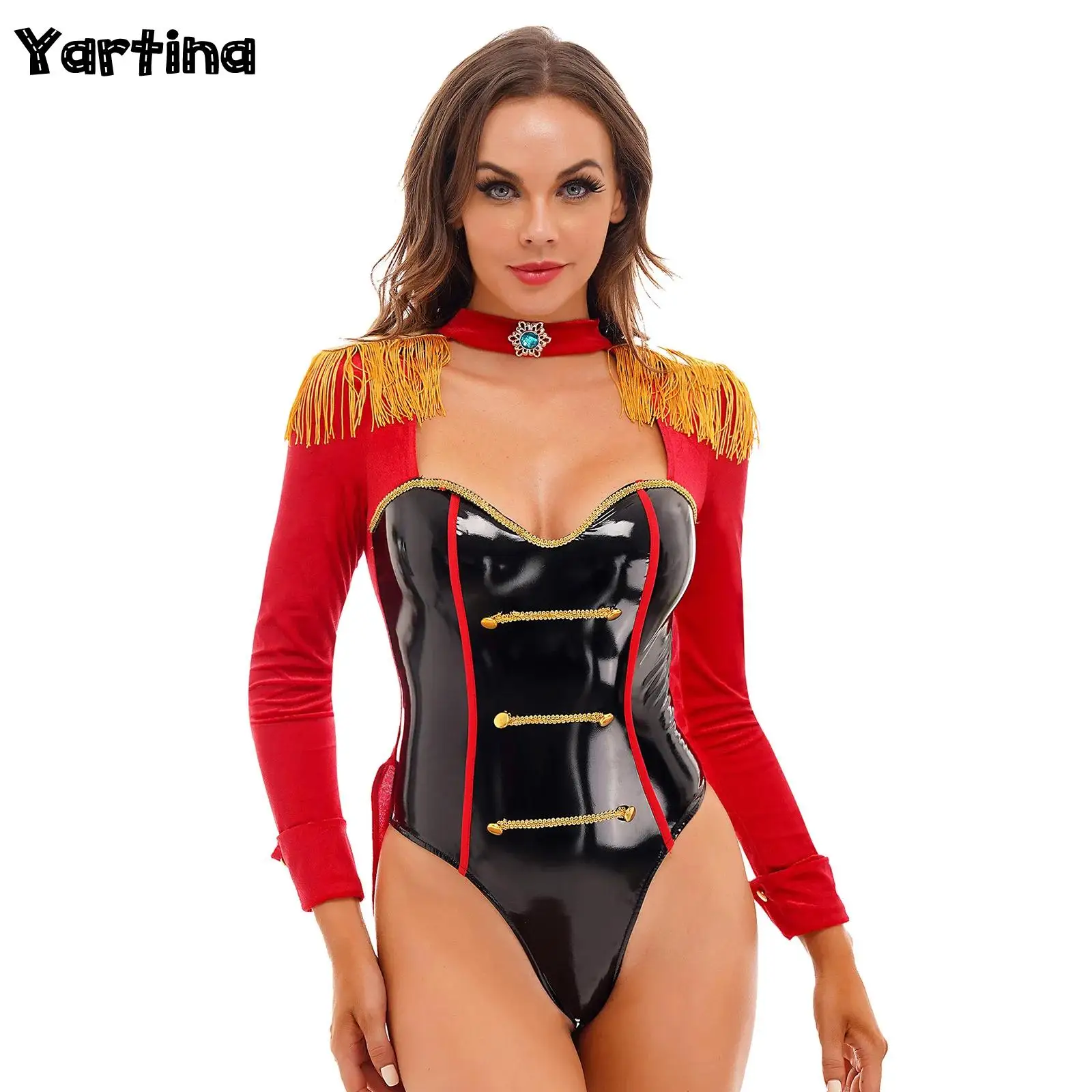 

Womens Circus Ringmaster Bodysuit Halloween Lion Tamer Carnival Cosplay Outfit Role Play Costume Swallow-Tailed Catsuit Clubwear