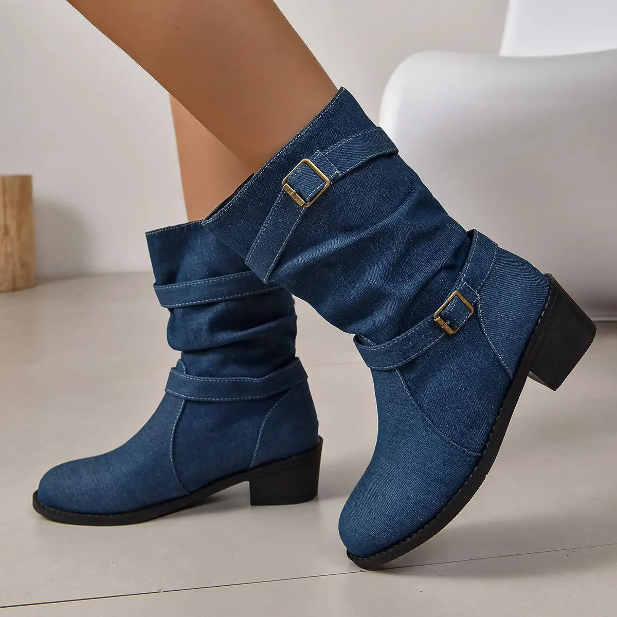 Women\'s boots Fashion buckle autumn/winter new denim blue square heel mid-calf boots plus size women\'s shoes