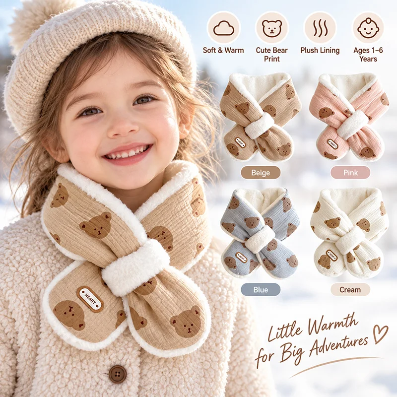 Kids Winter Scarf Soft Plush Bear Print Soft Warm Baby Neck Warmer Thickened Windproof Children Scarves for Boys Girls 1-6Y