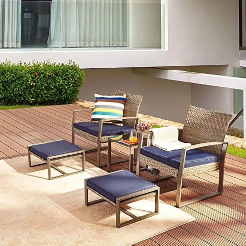 Outdoor Seat Set of 5 Pieces, PE Rattan All-weather Soft Cushion Chair Ottoman Glass Balcony Porch, Outdoor Seat Set