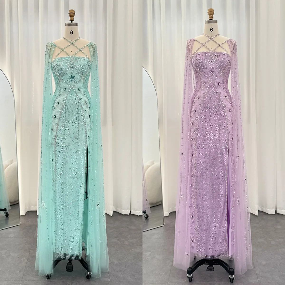 Luxury Heavy Beads Crystal Evening Dress With Cape Sleeves Sexy Criss Cross See-through High Side Slit Prom Dresses فستان سهرة