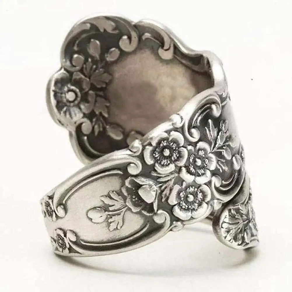 Finger Ring Geometric Flower Patterns Unfading Women Ring Finger Band Adjustable Vintage Spoon Open Party Ring Fashion Jewelry