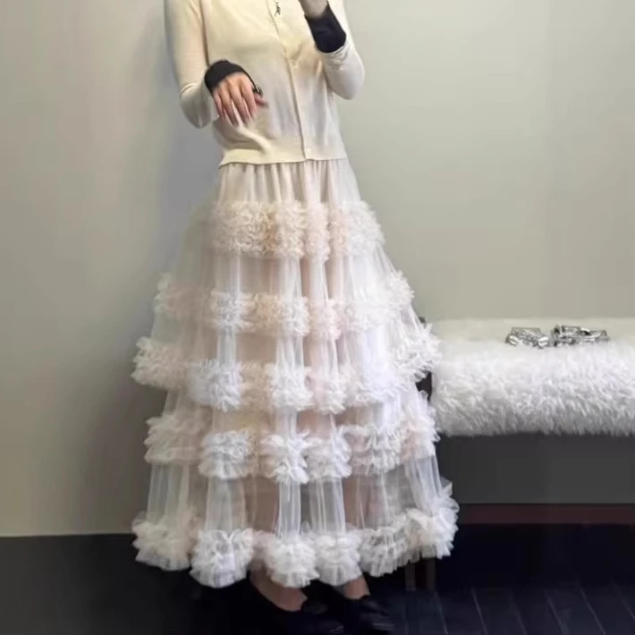 Fairy Aesthetic Tiered Tulle Skirt Korean Simple Style Layered Cake Midi Skirt