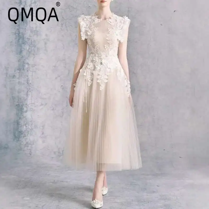 

QMQA Fashion Women's French Niche Elegant Dress Spliced Embroidery High Waist Slimming Mesh Banquet Dresses 2025 New QM333