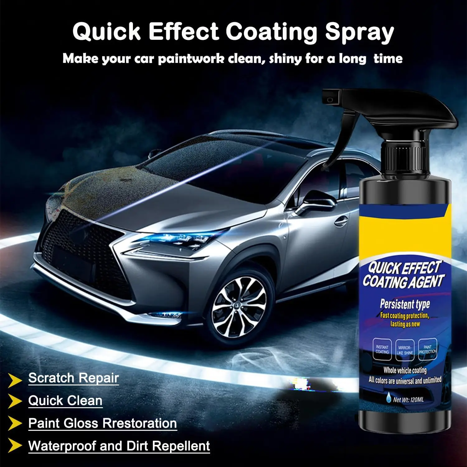 120ML New Car Multifunctional Quick Effect Coating Agent Spray 3 in 1 High Protection Quickly Coat Car Wax Auto Scratch Wax Polish Spray Waterless Wash
