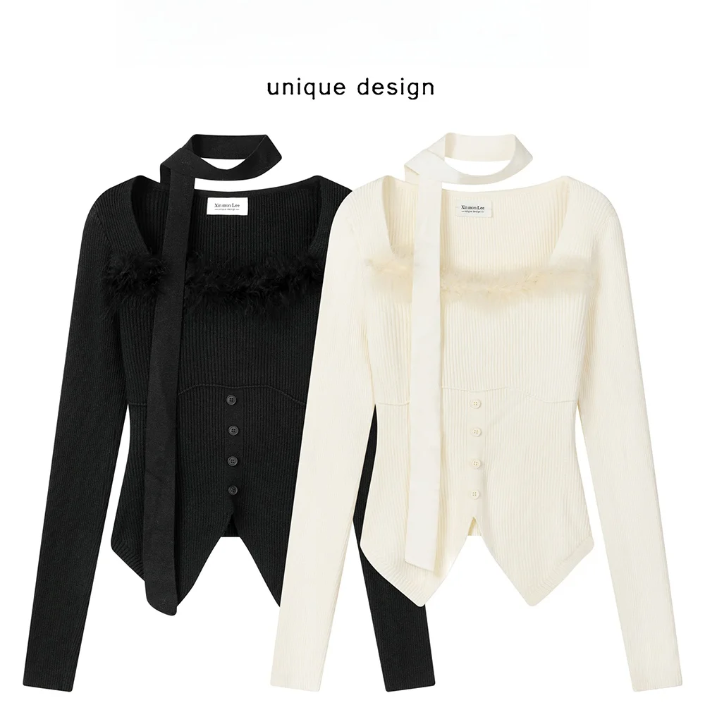 

Xinmon Design Slim Fit Трикотаж с квадратным воротником Асимметричный подол Базовый слой Внутренняя одежда Boting Long Sve Sweet Sle