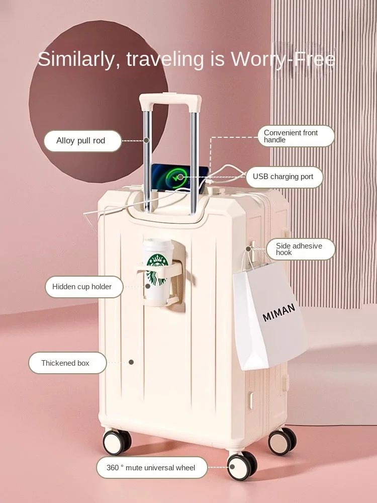 2024 New fashion small suitcase on wheels USB charging luggage with cup holder trolley case password mute universal wheel