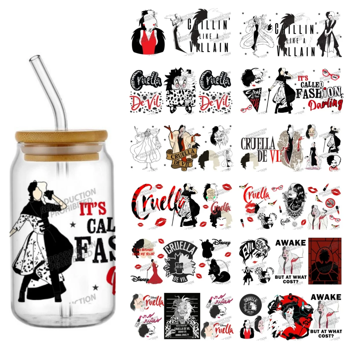 Diseño con Patrón de Cruella de Vil, Adhesivos de Transferencia UV DTF para Vasos, para Botellas de Vidrio Libbey de 16 oz, Lavables, Personalizables