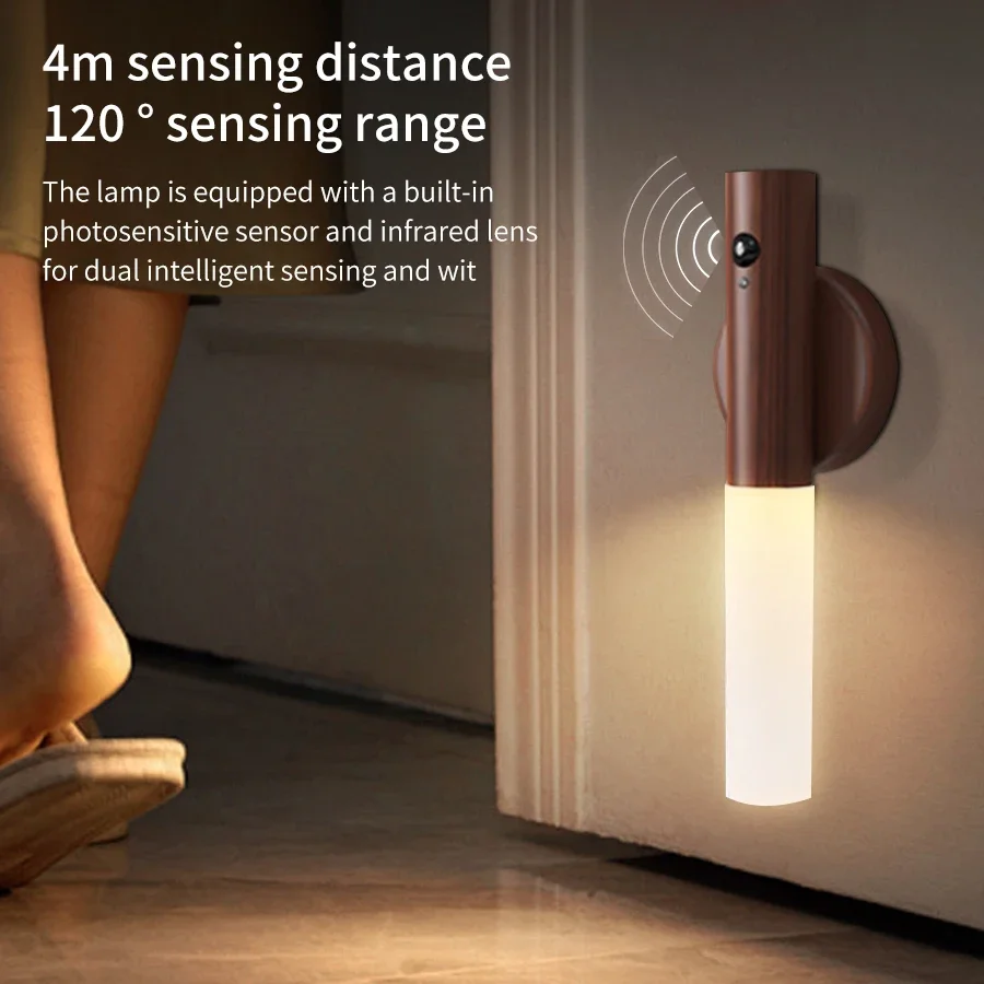 LED Wood Color Body Sensor Night Light Bedroom Wall Lamp Handheld Lamp Desktop Table Lamp Reading Light Bathroom Aisle Lighting