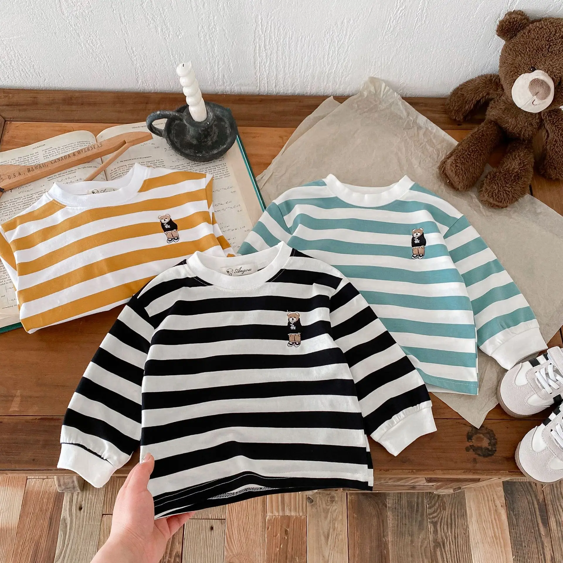 2024 Spring New Children Long Sleeve T Shirt Toddler Bear Embroidery Tops Baby Versatile Striped Sweatshirt Kids Casual Pullover