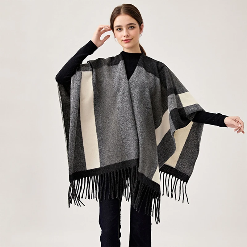 

Женская дорожная шаль из искусственного кашемира, шаль с кисточками и разрезом, женский клетчатый шарф с цветными блоками, теплый плащ для комнаты с кондиционером