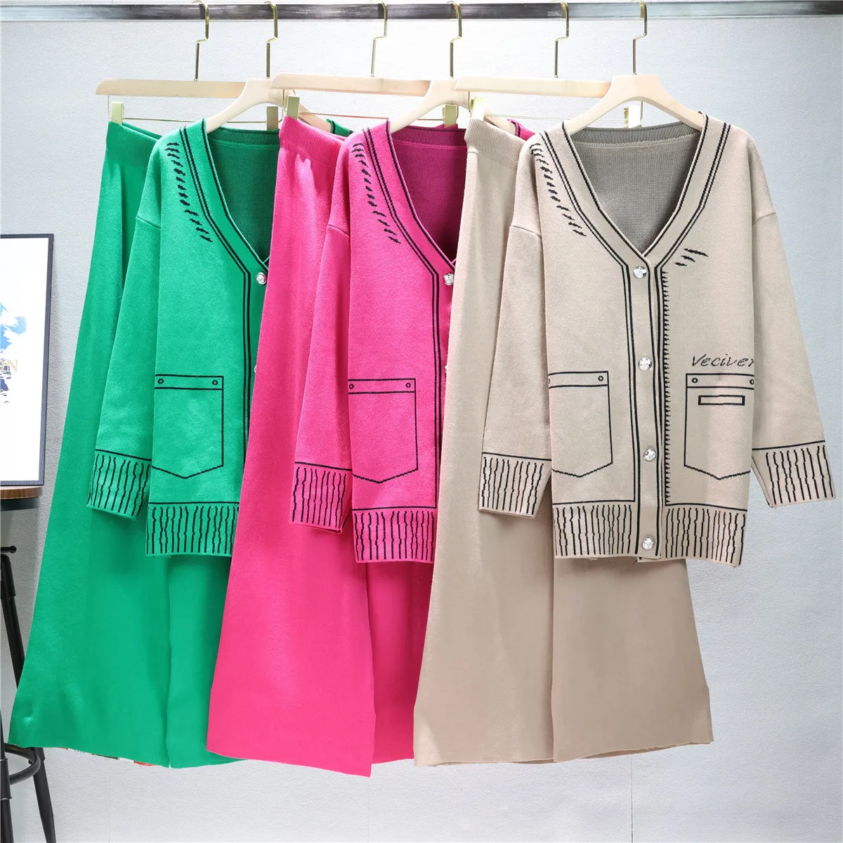 Fashion Casual Knit Suit Women's Autumn and Winter Single Breasted  Long-sleeved Coat Trousers Two-piece Set T704