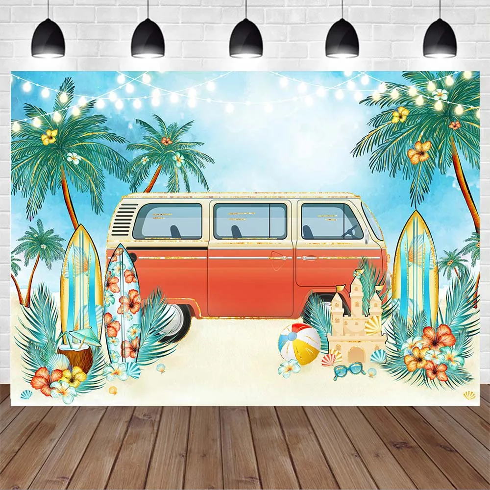 Mocsicka ฤดูร้อน Beach ฉากหลังกระดานโต้คลื่น Van Palm Tree Holiday Seaside ถ่ายภาพพื้นหลังภาพเด็กทารก Photocall Photobooth
