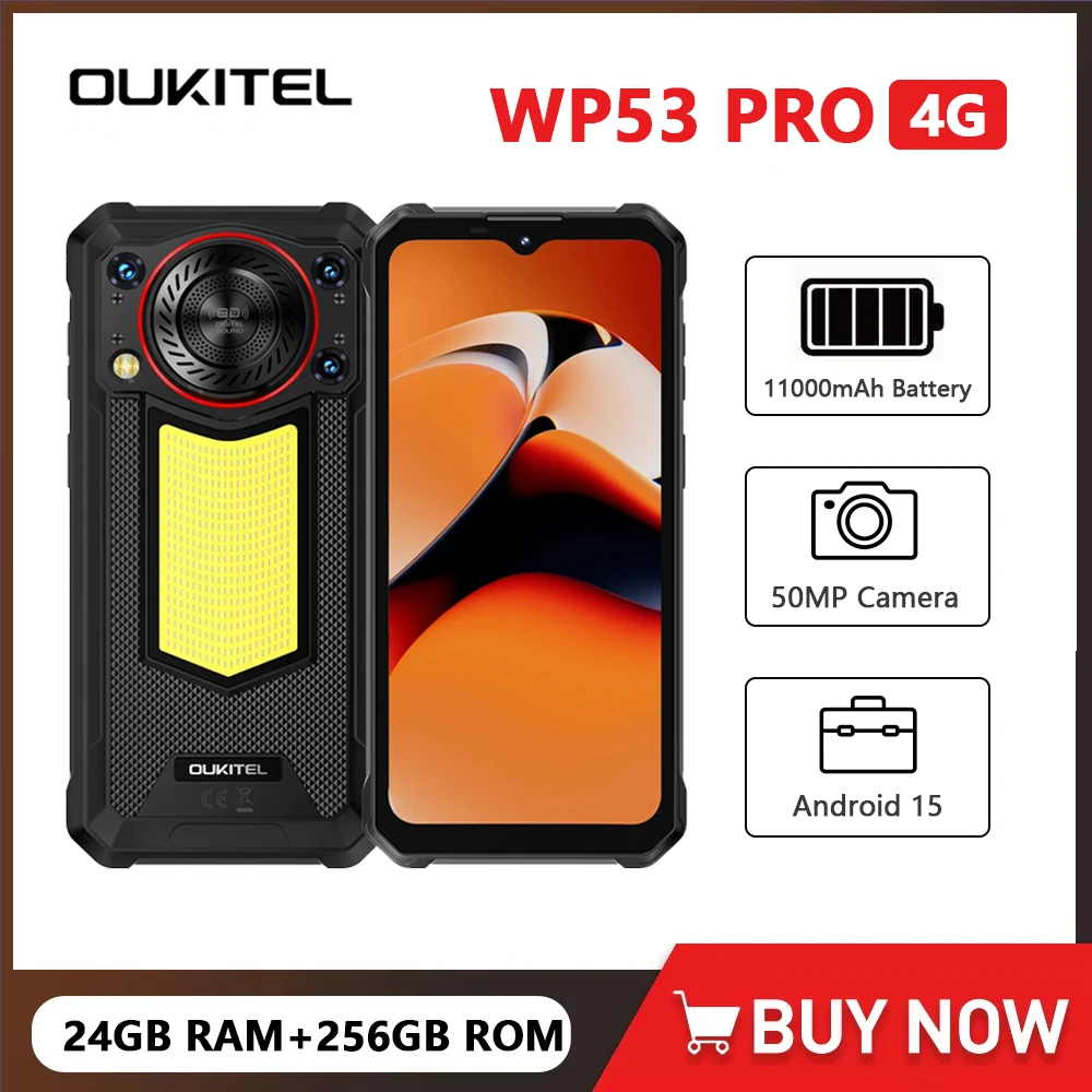 OUKITEL WP53 PRO 4G Rugged Phone 11000mAh Battery 128dB Speaker 24GB RAM+256GB ROM Mobile Phones 6.52 Inch Smartphone Android 15