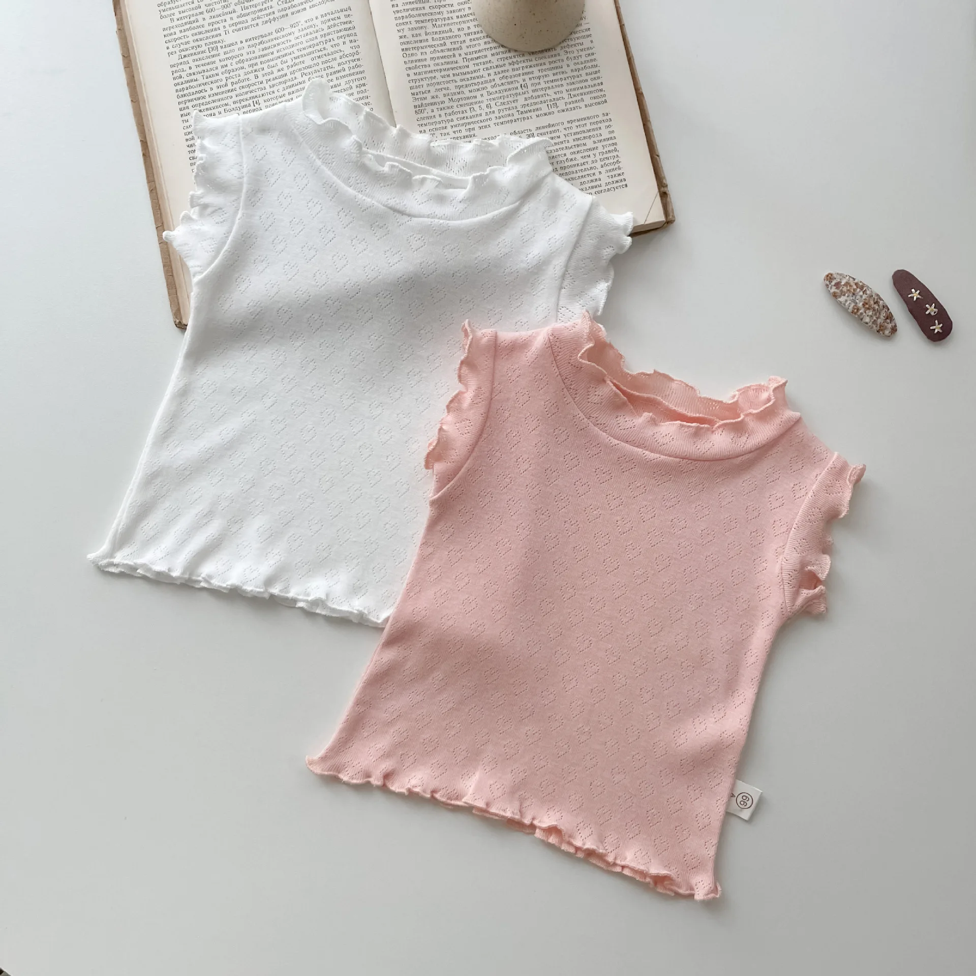 

Summer Baby T-Shirt Toddler Girls Ruffle Collar Sleeveless Tops Solid Thin Cotton Infant Girl Tees Lover Hollow-Out Kids Tshirts