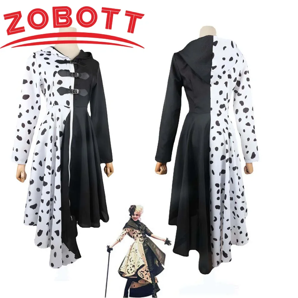 101 Dalmatians Women Evil Madame Cruella De Vil Cosplay Costume Gown Black White Hoodie Dress Gloves Halloween Carnival Suit