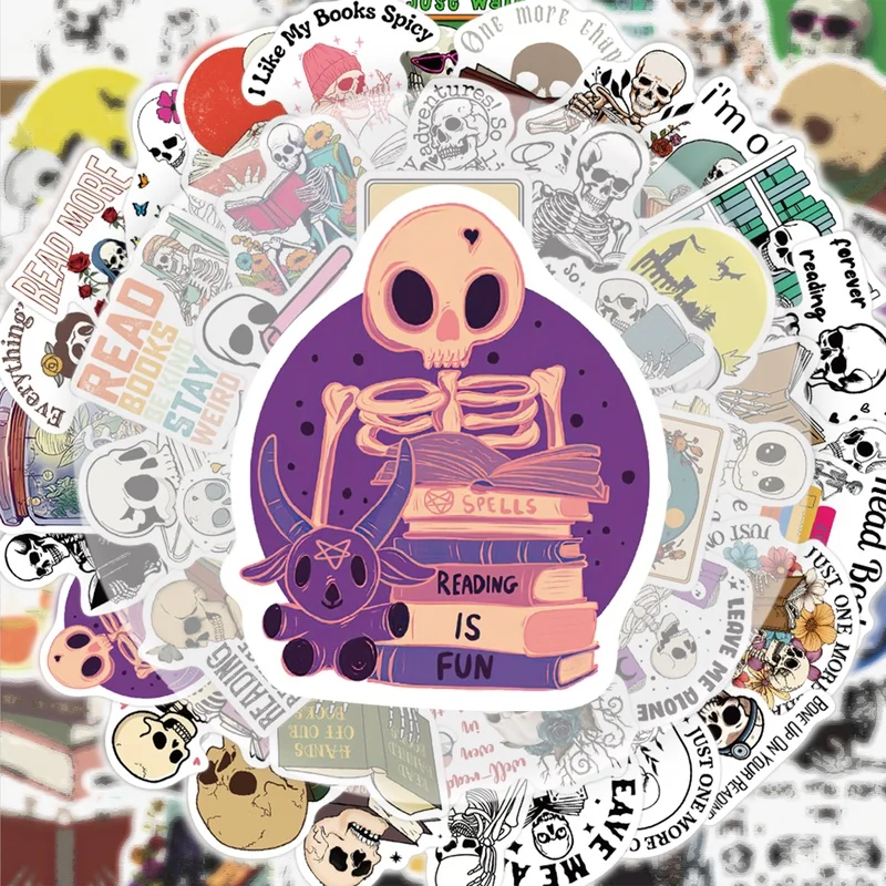 50 Skeleton Reading Stickers, Vibrant Sticker Decals, Multiple Styles Without Duplication, Suitable for Water Bottles, Laptops, Suitcases, Skateboards, Guitars, Party Decorations