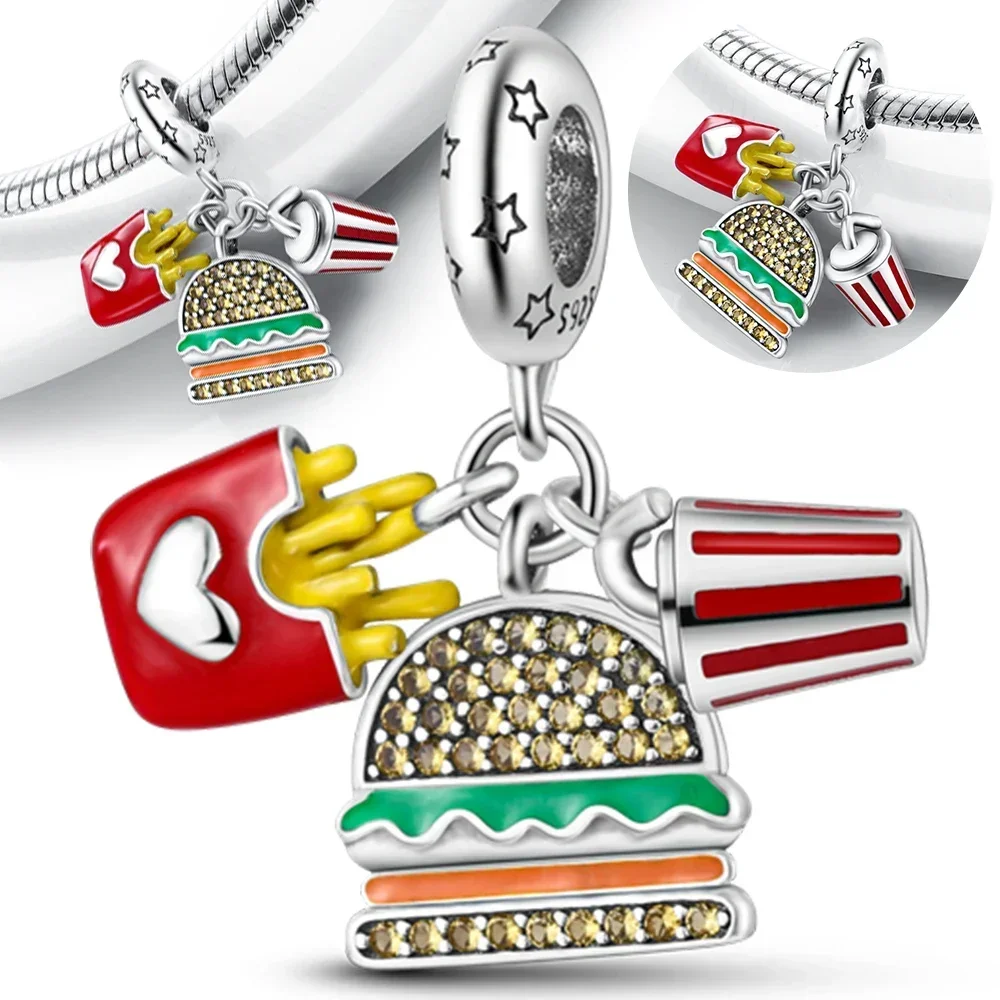 Charms Sterling Silver 925 French Fries Burger Pizza Series Coffee Bread Three-piece Set for Women Diy Bracelet Necklace Gift