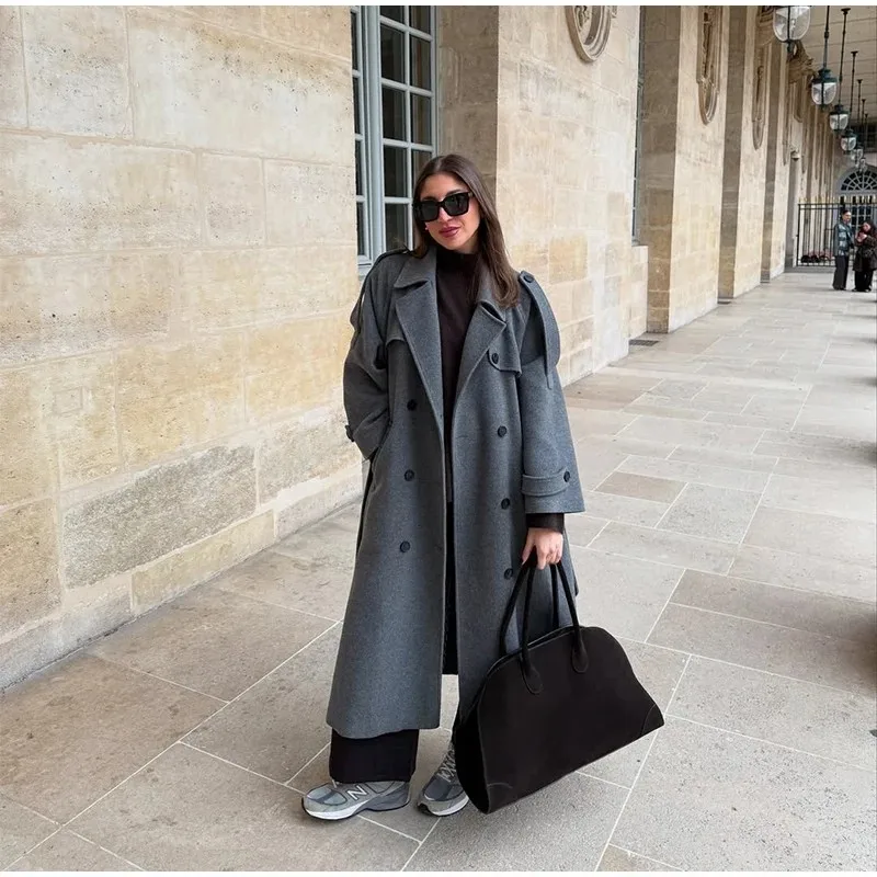 أحزمة مزدوجة الصدر معطف المرأة أنيقة التلبيب جيب كم كامل معطف الإناث 2025 الخريف الشتاء موضة جديدة سيدة أبلى