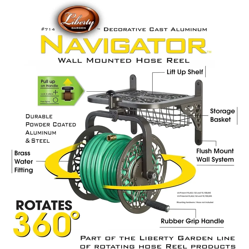 714 Decorative Cast Aluminum Navigator Rotating Garden Hose Reel, Holds 125-Feet of 5/8-Inch Hose - Bronze