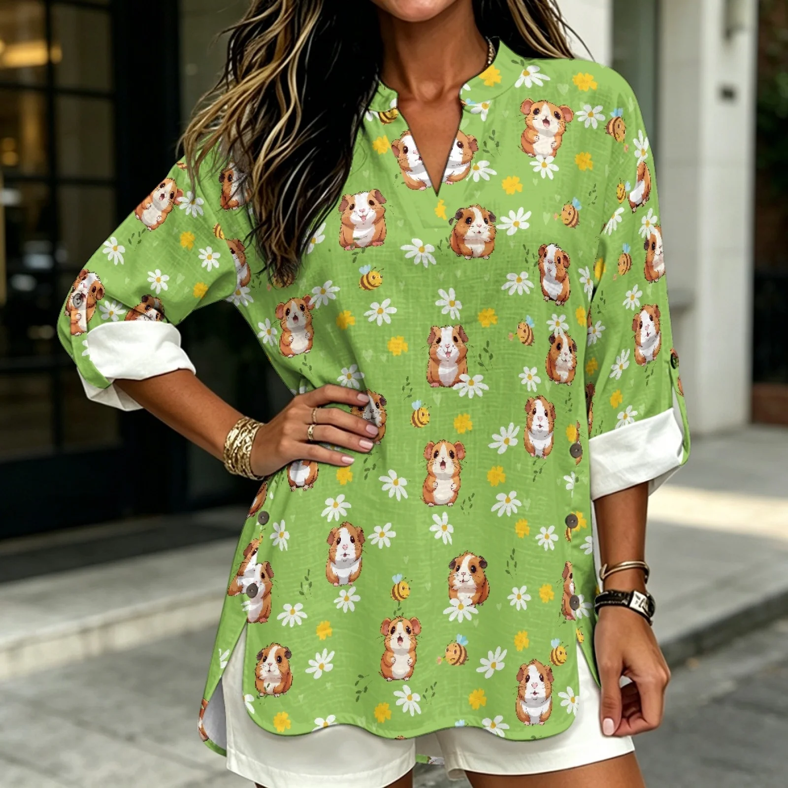 PENSTROLL Guinea Pig and Bee Pattern Trendy Long Sleeve Shirts for Beach Vacation Linen-Like Tunic Blouses Sizes S-5XL