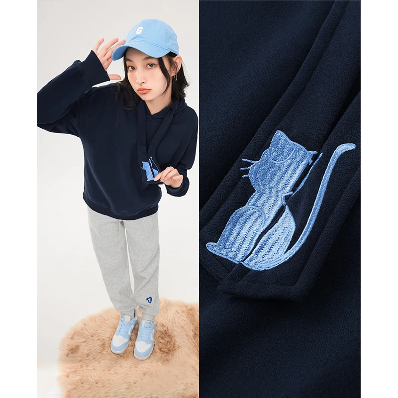 Toyouth Women Fleece Hooded Sweatshirt 2022 Winter Long Sleeve Loose Hoodie Cat Embroidery Warm Casual Streetwear Pullover