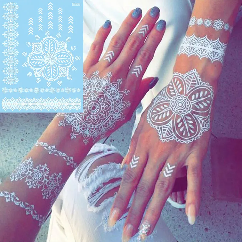 Tatuagens Temporárias de Henna para Mulheres, Impermeável, Body Art, Adesivo Mehndi para Mão, Transferência de Água Hena, Branco