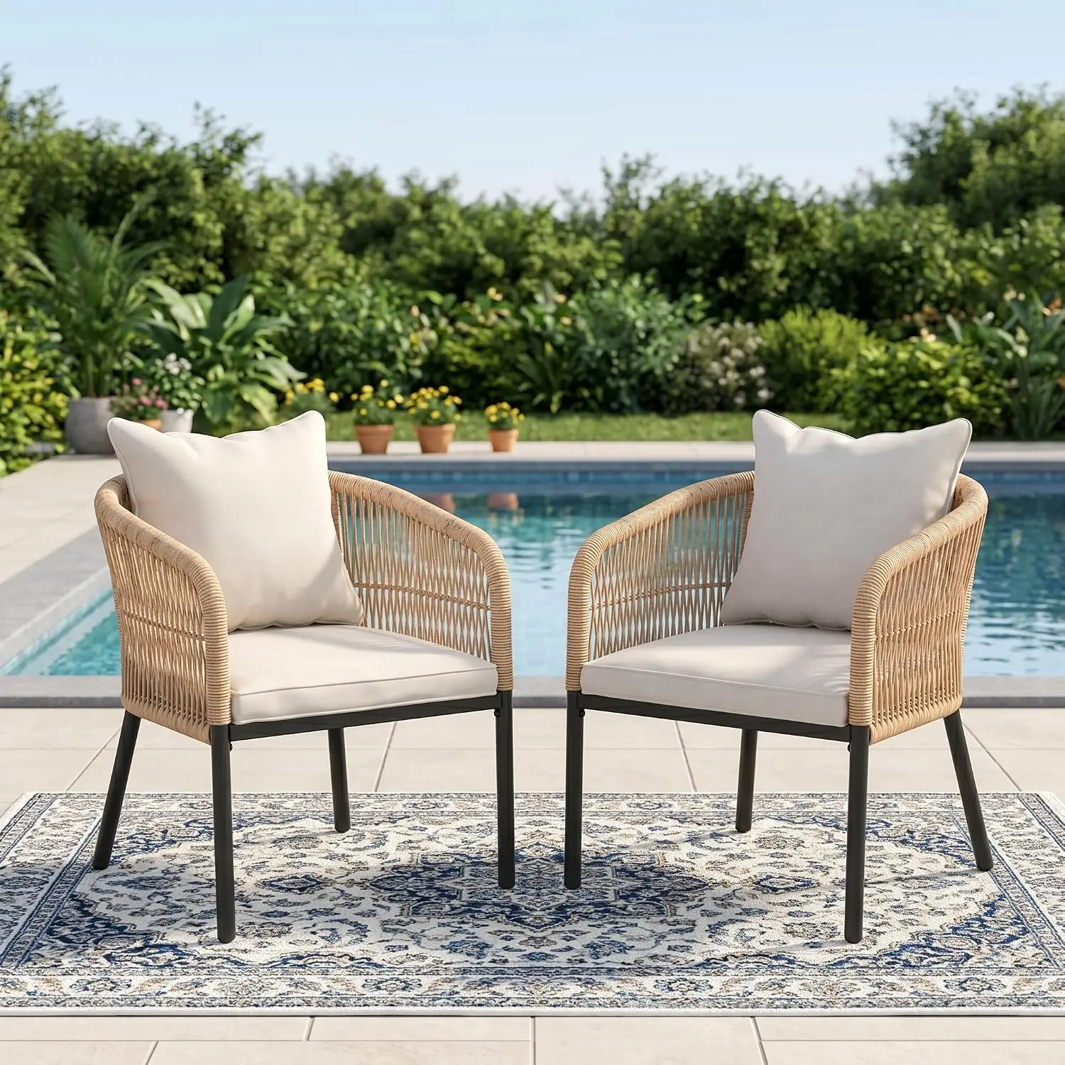 Wicker Patio Dining Chairs Set of 2 with Cushions, All-Weather Rattan Support 300 lbs for Backyard Deck Porch, Customized