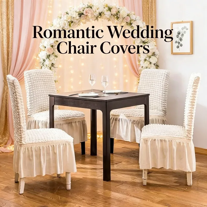 

6pc Seersucker Universal Chair Cover Washable Stretch Slipcover with Ruffle Skirt for Dining Wedding