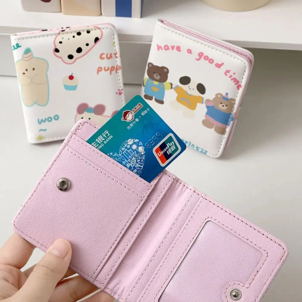 Carteira curta fofa de desenho animado para meninas, design de coração, grande capacidade, porta cartão de couro pu, portátil, estilo coreano, carteira de estudante