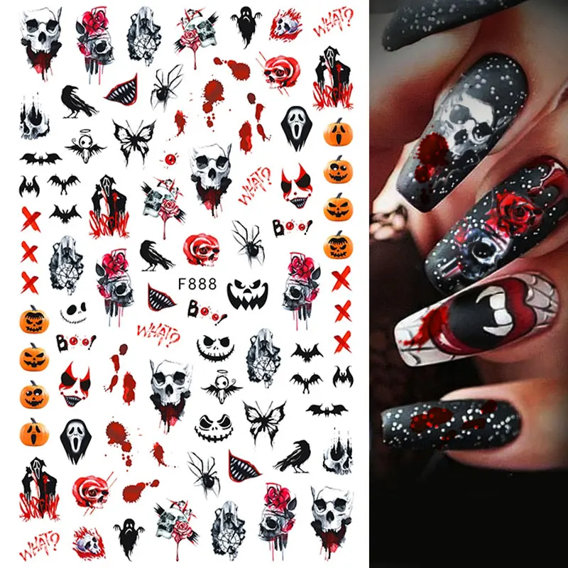 3D Cute Halloween Pink Pumpkin Nail Stickers Skull Ghost Nail Slider Evil Blood Spider Nail Decals Manicure Nail Art Decoration