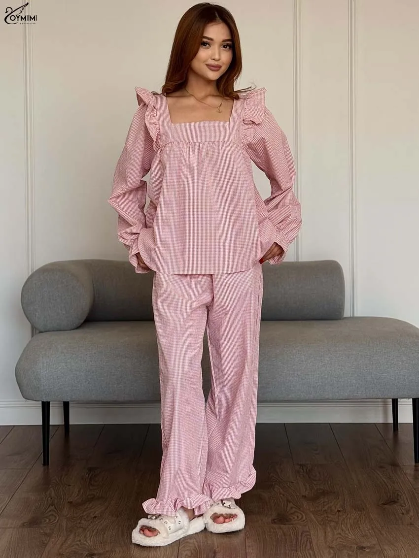 

Oymimi Elegant Pink Print Women's Two Pieces Set Fashion Square Neck Long Sleeve Ruffled Blouses And High Waisted Trousers Sets