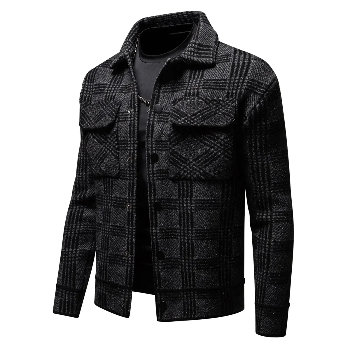 Men's New Fashion Autumn Long Sleeve Coat Lapel Plaids Casual Pocket Overalls