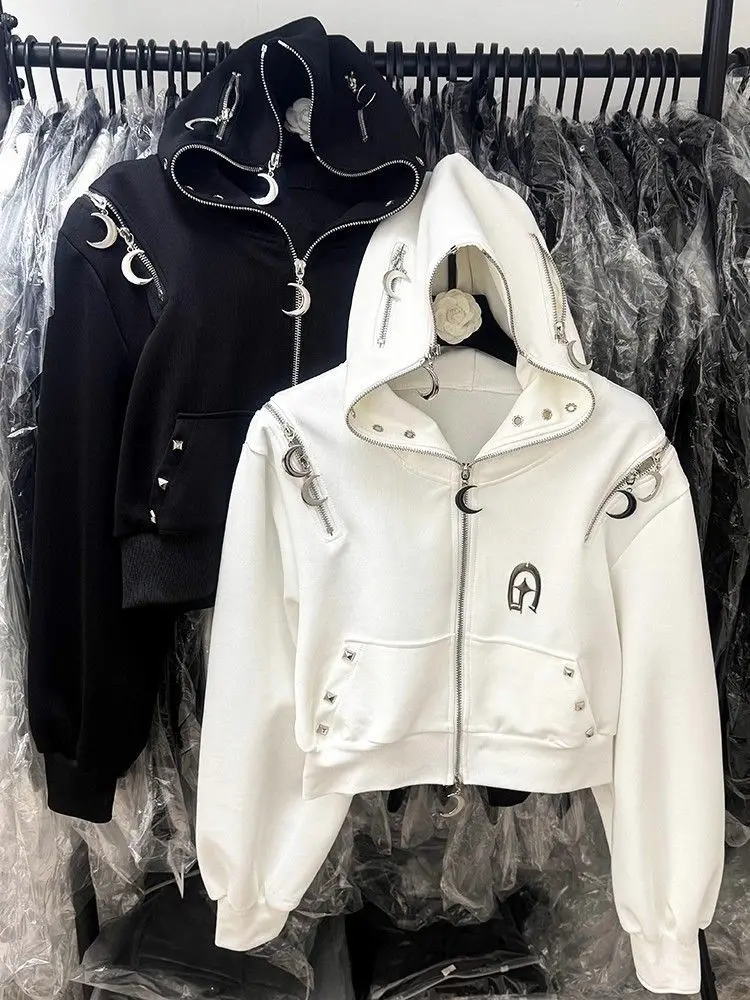 الأمريكية الرجعية هوديس المرأة القمر برشام القوطية الجرونج فضفاض الخريف Y2k 2000s الجمالية Harajuku الستر سستة الإناث البلوز #2