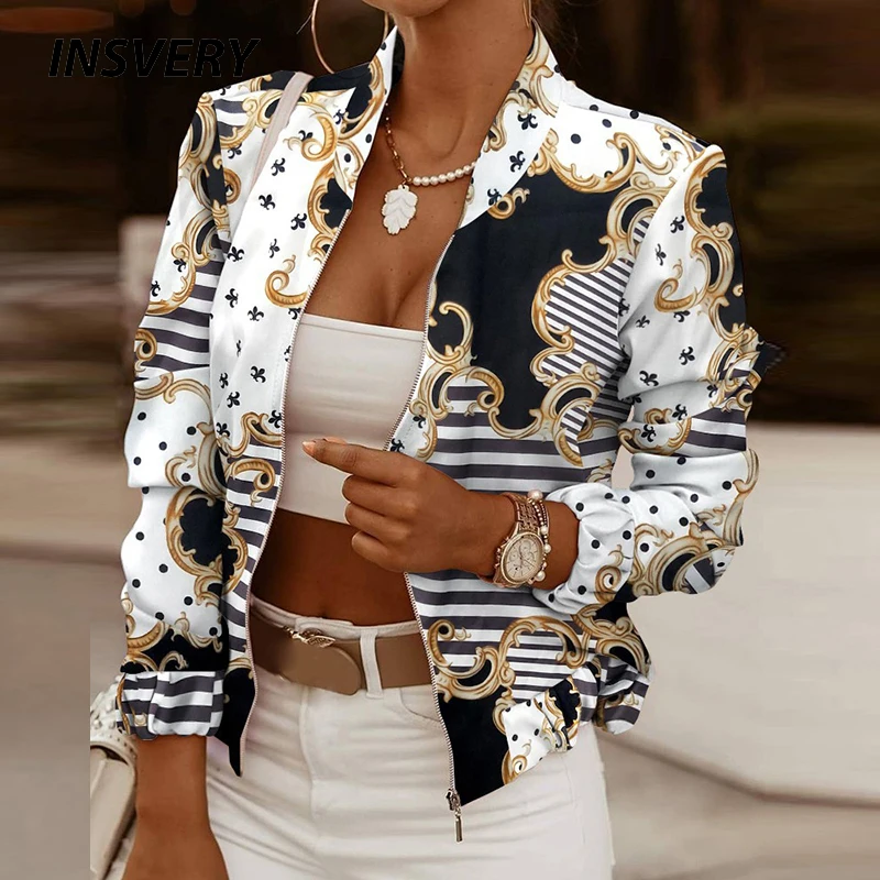 

Women Thin Jackets Tops Vintage Print Long Sleeve Zipper Jacket Coat Women Casual Outerwear Short Jackets 2023 Spring Autumn