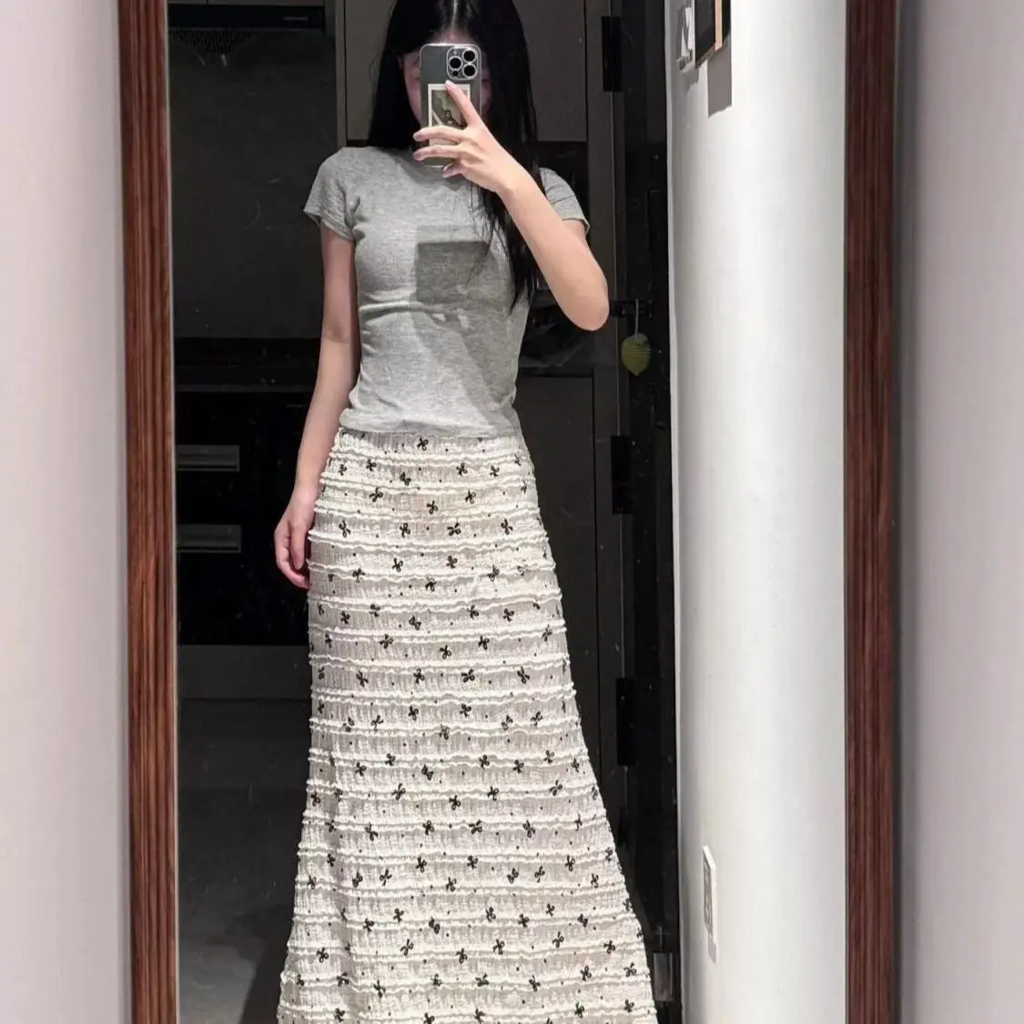 

Длинная юбка Vaion Sle с узловым принтом, кружевными вставками и цветочным узором, с эффектом похудения, в корейском стиле, Pure Desire