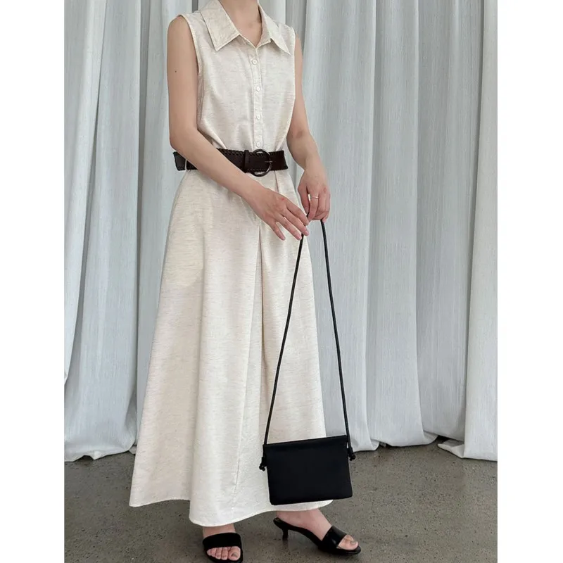 فستان قميص جديد من القطن والكتان من جوهنيتشر مع حزام للنساء لصيف 2025 فساتين جديدة غير رسمية فضفاضة الخصر بدون أكمام