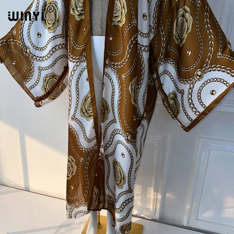 Winyi Zomer Outfit Kimono Afrika Bloemenprint Strand Cover Up Maxi Jurk Vesten Strandkleding Vrouwen 2024 Abaya Dubai Luxe