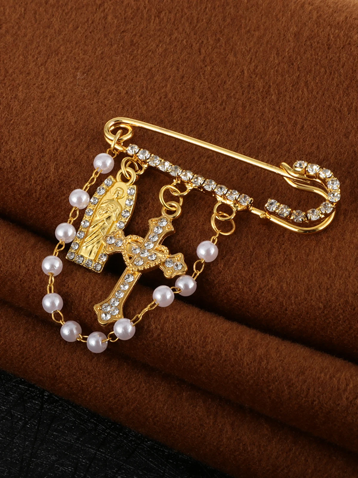 Catholic Patron St.Jude Cross Brooch Saint Jude  Imitation Pearls Beads Charm Badges Buckle Lapel Pin Jewelry Accessories